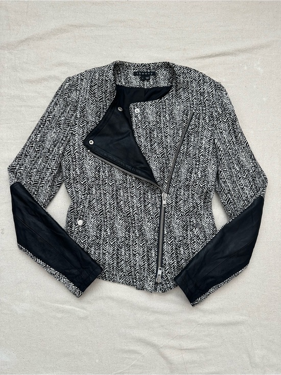 Theory Jackets & Blazers - Theory Joean Herringbone Tweed Goat Leather Sleeve Asymmetric Moto Jacket 4